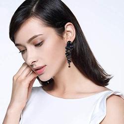 EVER FAITH Womens Crystal Gorgeous Tear Drop Wedding Dangle Pierced Earrings Jet Color Black-Tone