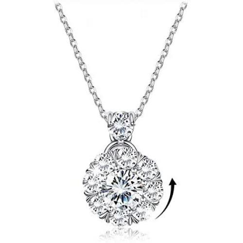 Sllaiss 925 Sterling Silver Rotatable Necklace for Women Girls Personalize Cubic Zirconia Pendant Necklace Flower CZ Necklace Chain 16” Jewelry Gift