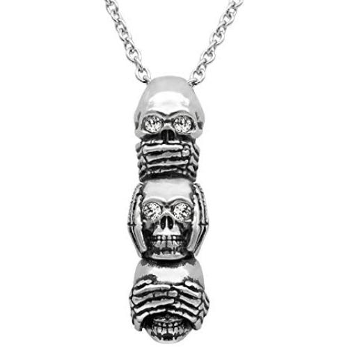 Controse Speak No Evil, Hear No Evil, See No Evil Skull Necklace with Pendant (27'' 316L Stainless Steel Necklace