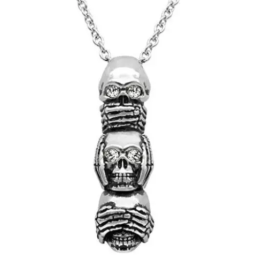 Controse Speak No Evil, Hear No Evil, See No Evil Skull Necklace with Pendant (27'' 316L Stainless Steel Necklace