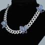 Iced Out Hip Hop Bling Women Jewelry White Pink Cz 12MM Cuban Chain Butterfly Necklace 16''