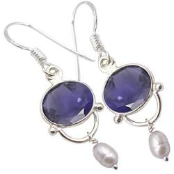 SilverStarJewel 925 Sterling Silver Violet Cut Iolite Earrings 1.5'' Gemstone Jewelry