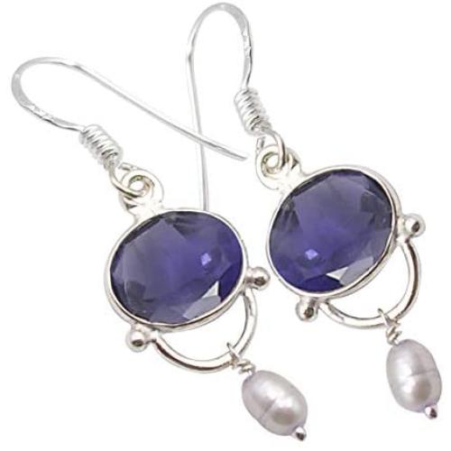 SilverStarJewel 925 Sterling Silver Violet Cut Iolite Earrings 1.5'' Gemstone Jewelry