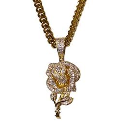 Shop-iGold Men Women 925 Italy Gold Finish Iced Silver Rose Charm Ice Out Pendant Stainless Steel Real 6mm Miami Cuban Chain Necklace, Mens Jewelry, Iced Pendant, Miami Cuban Necklace