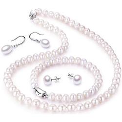 CHAULRI Freshwater Cultured Pearl Necklace Set Including Stunning Bracelet, Stud Earrings and Dangle Drop Earrings – Birthday Anniversary Wedding Holiday Jewelry Gifts for Women