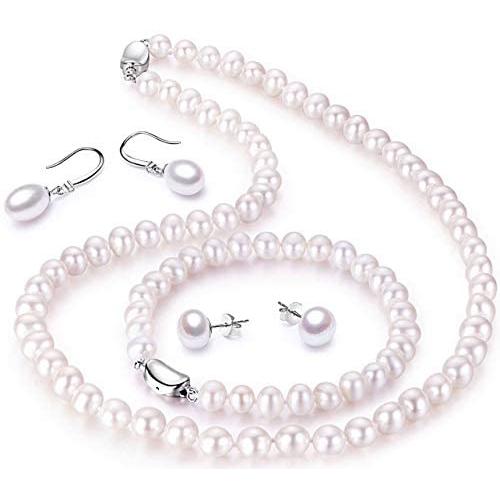 CHAULRI Freshwater Cultured Pearl Necklace Set Including Stunning Bracelet, Stud Earrings and Dangle Drop Earrings – Birthday Anniversary Wedding Holiday Jewelry Gifts for Women