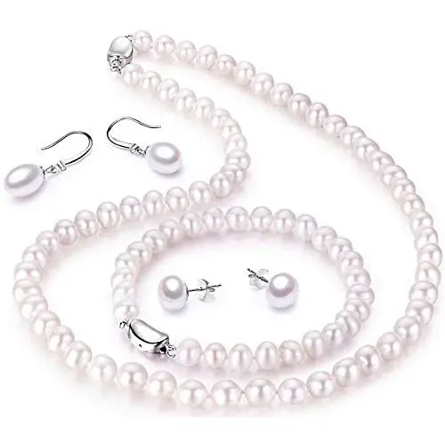 CHAULRI Freshwater Cultured Pearl Necklace Set Including Stunning Bracelet, Stud Earrings and Dangle Drop Earrings – Birthday Anniversary Wedding Holiday Jewelry Gifts for Women