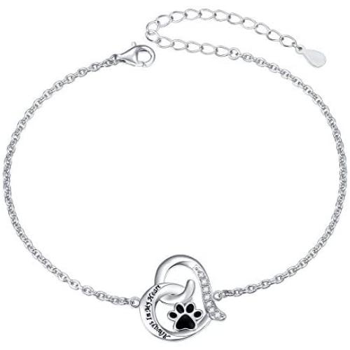 FLYOW 925 Sterling Silver Cute Paw Print Forever Love Heart Pendant Necklace/Bracelet/Stud Earrings Gift for Women Teen Girls, Box Chain 18''