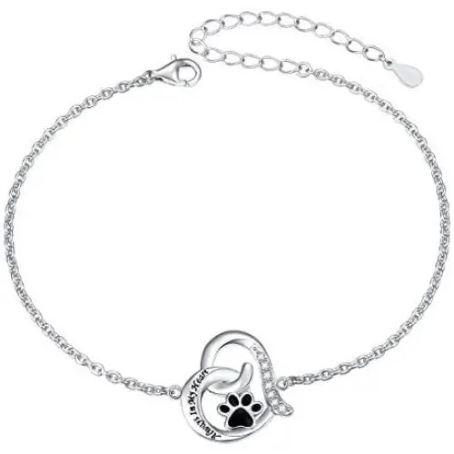 FLYOW 925 Sterling Silver Cute Paw Print Forever Love Heart Pendant Necklace/Bracelet/Stud Earrings Gift for Women Teen Girls, Box Chain 18''