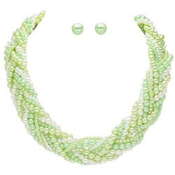 Sophia Collection Wide Light Mint Green, Sea Foam and White Imitation-Pearl Braided Necklace and Earrings