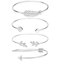 Shareky Women 4pcs Layered Cuff Bangle Bracelet Set Adjustable Stackable Wrap Bangle Open Branch Wire Bangle