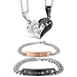 Jstyle 4Pcs Couple Necklace Bracelets Matching Set for Women Men Love Heart Pendant Necklace His & Hers Bracelets Couple Gift