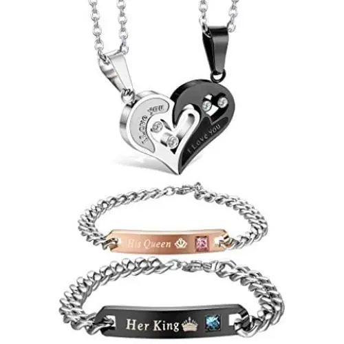 Jstyle 4Pcs Couple Necklace Bracelets Matching Set for Women Men Love Heart Pendant Necklace His & Hers Bracelets Couple Gift Jstyle 4Pcs Couple Necklace Bracelets Matching Set for Women Men Love Heart Pendant Necklace His & Hers Bracelets Couple Gift
