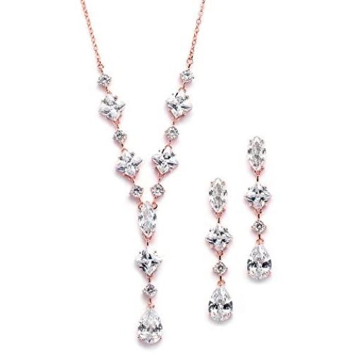 Mariell 14K Rose Gold Plated Cubic Zirconia Wedding Necklace & Earrings Bridal Jewelry Set for Brides