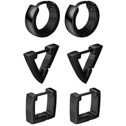ORAZIO 3 Pairs Stainless Steel Triangle Square Round Hoop Earrings for Men Women Geometric Huggie Earrings Silver Tone Gold Tone Black