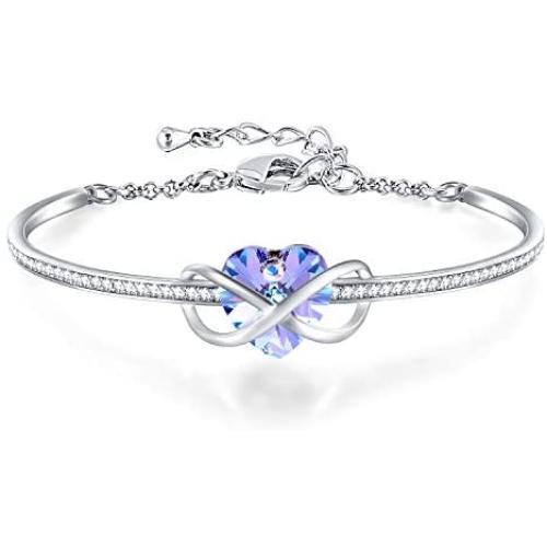 GEORGE · SMITH Infinity Love Heart Bangle Bracelet for Women Silver-Tone Adjustable Birthstone Bracelets with Austria Crystals, Women Girls Valentines Day Gifts with Elegant Jewelry Box