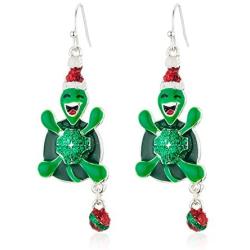 RareLove Cute Christmas Happy Turtle Tortise with Santa Hat Ring Bell Piercing Dangle Earrings Silver Plated Alloy Holiday Jewelry For Women Girls