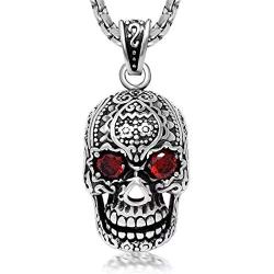 Suger Skull Pendant Necklace for Men with Red CZ Eyes Stainless Steel Pendant with Chain for Women Men Rapper Punk Hip Hop Jewelry