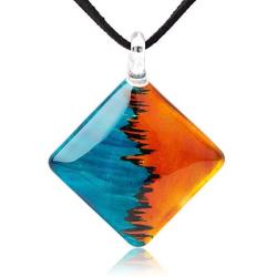 SUVANI Hand Painted Glass Jewelry Blue Water & Orange Fire Square Shape Pendant Necklace 18”-20''