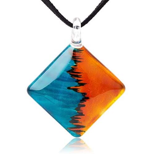 SUVANI Hand Painted Glass Jewelry Blue Water & Orange Fire Square Shape Pendant Necklace 18”-20''