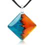 SUVANI Hand Painted Glass Jewelry Blue Water & Orange Fire Square Shape Pendant Necklace 18”-20''