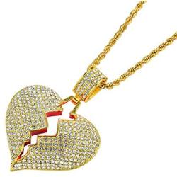 PAMTIER Mens Iced Out Full Diamond Broken Heart Pendant Necklace Chain Silver Gold