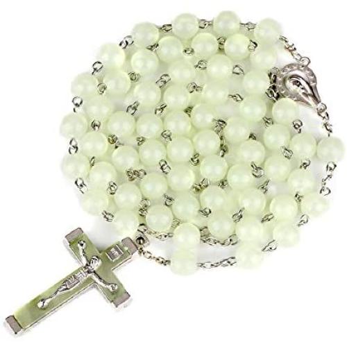 Glow in The Dark Rosary Necklace- Luminous Catholic Round Beads Religious Jesus Crucifix for Hanging Pray Rosaries Necklace Jewelry Noctilucent Cross Necklace Gift for Boys Girls Men Women