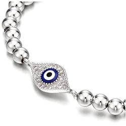 COOLSTEELANDBEYOND Beads Bracelet for Women Men with Cubic Zirconia Protection Evil Eye