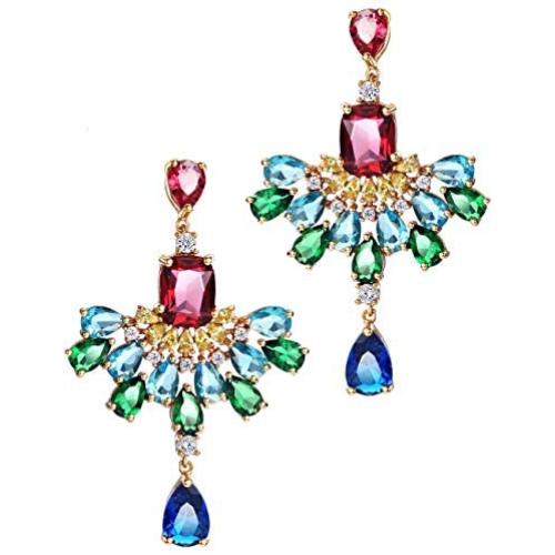 Chandelier Statement Drop Earrings Wedding Long Dangle Earrings Bridal Style Multicolor Teardrop CZ Stones