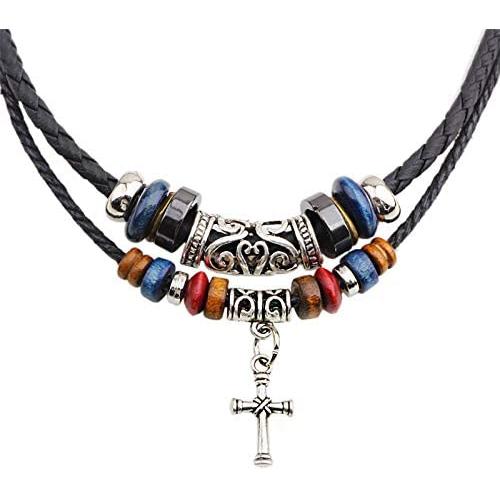 Beulous Choker Necklace for Men Jewelry Boho Jewelry for Women Hipppie Jewelry Wolf Tooth Cross Pendant Beaded Ankn Necklace Black Panther Necklace for Men