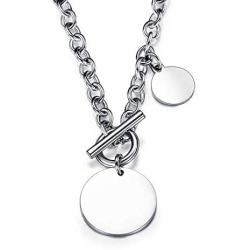 Disc Coin Round Circle Charm Cable Chain Necklace with Toggle Clasp for Women Girls Simple Full Moon Minimalist Geometric Stainless Steel Dainty Punk Classic Jewelry Gifts for Birthday Best Friend 22''