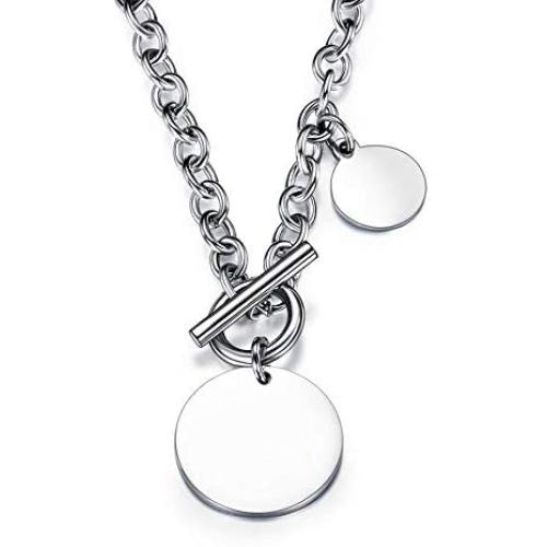 Disc Coin Round Circle Charm Cable Chain Necklace with Toggle Clasp for Women Girls Simple Full Moon Minimalist Geometric Stainless Steel Dainty Punk Classic Jewelry Gifts for Birthday Best Friend 22''