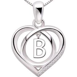 ALOV Jewelry Sterling Silver Initial Letter Alphabet Love Heart Cubic Zirconia Pendant Necklace