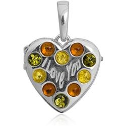 Sterling Silver Multicolor Amber Heart Locket Pendant Chain 18 Inches