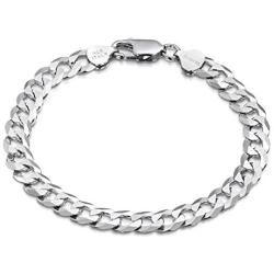 Amberta Plated on 925 Sterling Silver Bracelet - Various Styles - 8 mm Thick - Flat Cuban Curb Chain for Men - Length 8 Inch