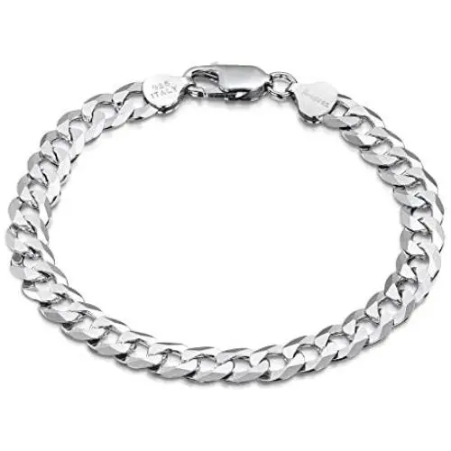 Amberta Plated on 925 Sterling Silver Bracelet - Various Styles - 8 mm Thick - Flat Cuban Curb Chain for Men - Length 8 Inch Amberta Plated on 925 Sterling Silver Bracelet - Various Styles - 8 mm Thick - Flat Cuban Curb Chain for Men - Length 8 Inch