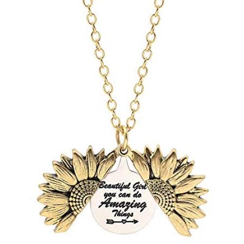Sloong You Are My Sunshine Engraved Necklace Inspirational Sunflower Locket Necklace Jewelry for Women girlfriend