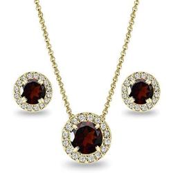 Gold Flashed Sterling Silver Genuine, Created or Simulated Gemstone Round Halo Necklace & Stud Earrings Set with CZ Accents