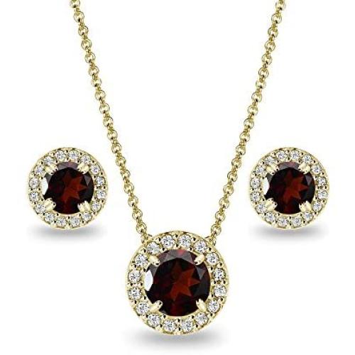 Gold Flashed Sterling Silver Genuine, Created or Simulated Gemstone Round Halo Necklace & Stud Earrings Set with CZ Accents
