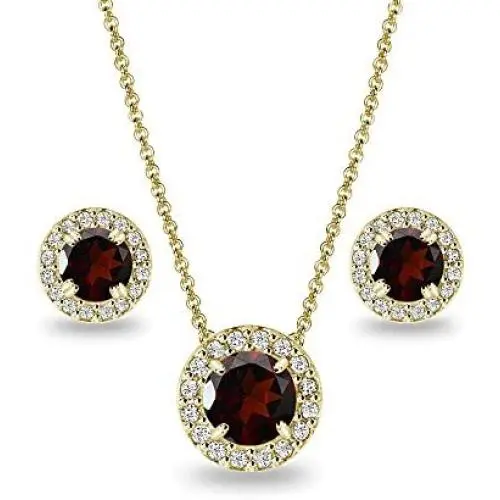 Gold Flashed Sterling Silver Genuine, Created or Simulated Gemstone Round Halo Necklace & Stud Earrings Set with CZ Accents Gold Flashed Sterling Silver Genuine, Created or Simulated Gemstone Round Halo Necklace & Stud Earrings Set with CZ Accents