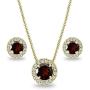 Gold Flashed Sterling Silver Genuine, Created or Simulated Gemstone Round Halo Necklace & Stud Earrings Set with CZ Accents