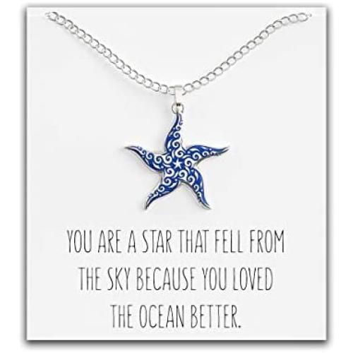Starfish Necklace – Tribal Nautical Pendant – Cute Silver Charm with Message Card