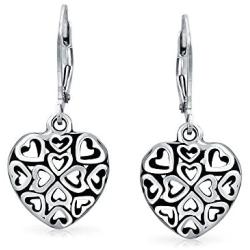 Open Lightweight Clover Flower Filigree Multi Heart Shape Puff Hearts Drop Dangle Earrings For Women Teens Oxidized 925 Sterling Silver Leverback