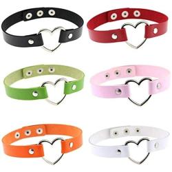 Tvoip 6Pcs Lady Stylish Fashion Lovely Heart Decoration Collar Necklace Vacation Jewelry Black Red Orange Pink Green White PU Leather Chokers Necklace