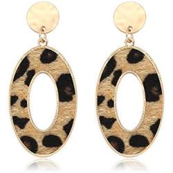 HEIDKRUEGER Leopard Drop Earrings Geometric Faux Leather Hoop Dangle Earring Statement Animal Print Stud Earring for Women