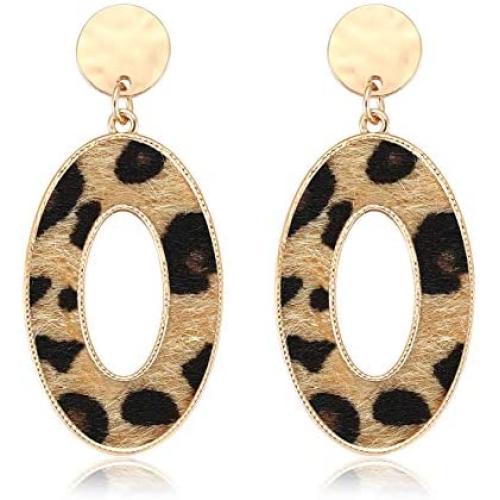 HEIDKRUEGER Leopard Drop Earrings Geometric Faux Leather Hoop Dangle Earring Statement Animal Print Stud Earring for Women