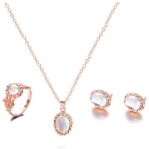 Belicey Women Gold Crystal Pendant Necklace and Rhinestone Stud Earrings Rings Jewelry Set Birthday/Anniversary Gifts for Women Girls Bestfriend Mom