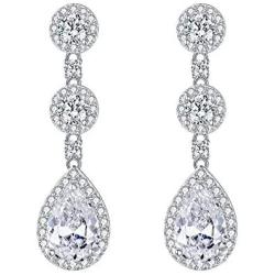 EVER FAITH 925 Sterling Silver Bridal Jewelry Prong White Cubic Zirconia Tear Drop Bride Dangle Earrings
