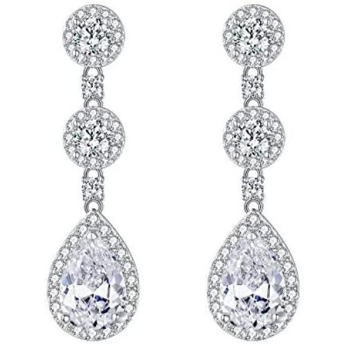 EVER FAITH 925 Sterling Silver Bridal Jewelry Prong White Cubic Zirconia Tear Drop Bride Dangle Earrings