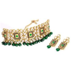 SANARA Indian Bollywood Gold Plated Green Pearl Kundan Choker Necklace Earrings Set Women Jewelry